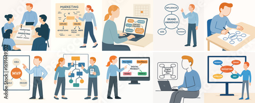 Minimalist Style Detailed Business Meeting and Flowchart Concepts Illustration Set