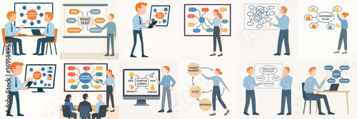 Flat Style Business People Presenting Ideas on Whiteboard Illustration Set