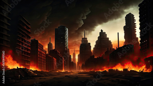 Apocalyptic view of burnt city with empty street concept. A dystopian city scene with destruction and chaos, evoking urgency.
