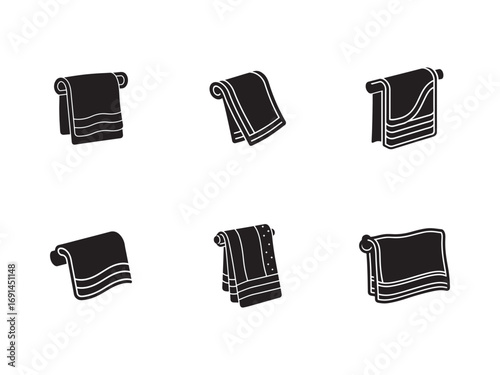 Black and White Towel Icon Set with Various Hanging Styles for Bathroom and Spa Use Minimalist Design