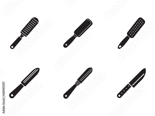 Black and White Vector Illustration of Foot Files and Knife Icons for Beauty and Personal Care Products Isolated on White Background