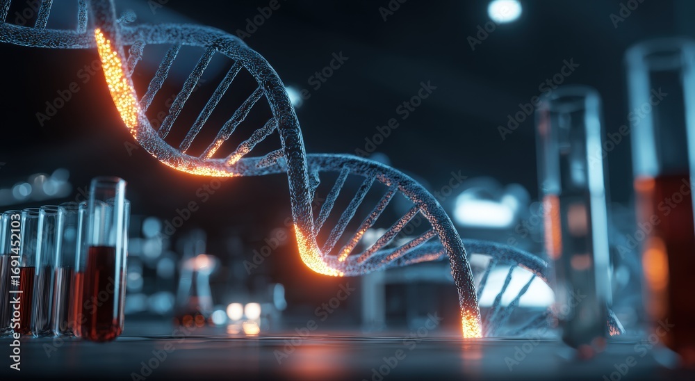 Obraz premium DNA strand glows in lab setting