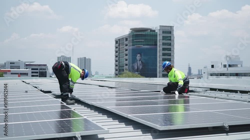 Workers installing solar panel on rooftop
