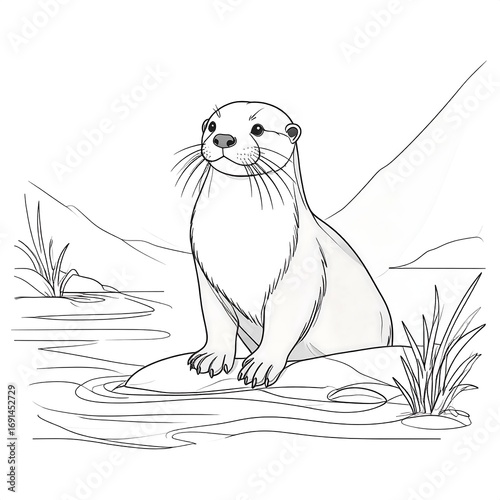 Otter sitting on a rock by water