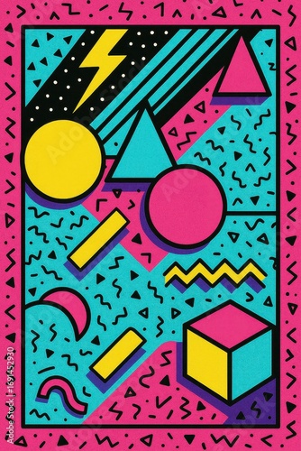 Retro 80s Memphis design pattern with bold geometric shapes and vibrant neon color palette nostalgia