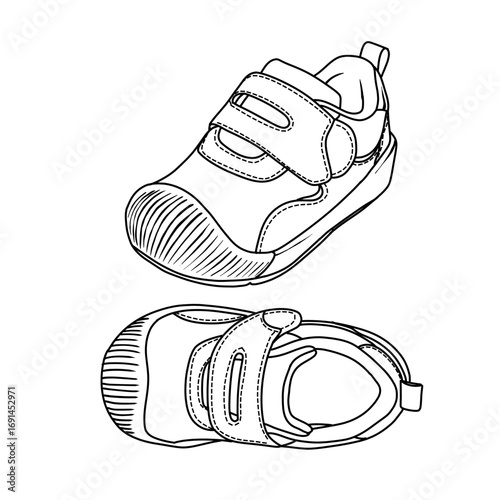A black and white illustration of two baby shoes with hook and loop fasteners, one shown from the side and the other from above.