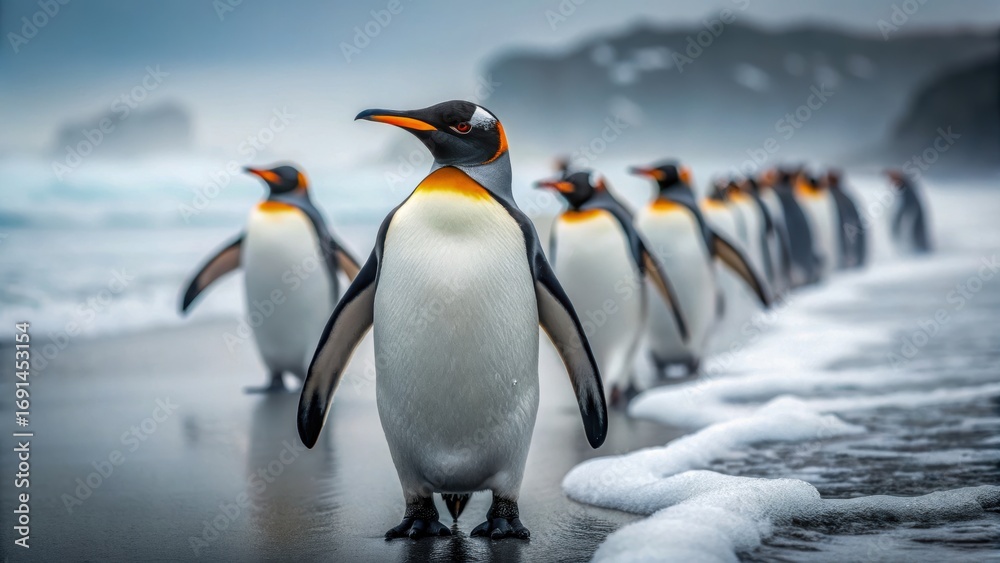 Fototapeta premium Science research in ice regions penguin colony shore surf water fog cold coast wildlife calm