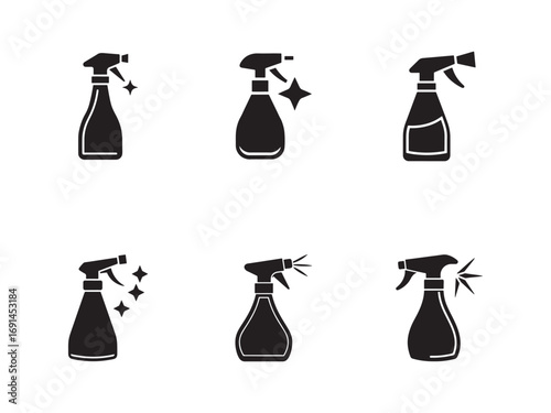 Cleaning Spray Bottle Icons Set Cleaning Solutions for Home Hygiene and Sanitization Black Silhouettes on White Background