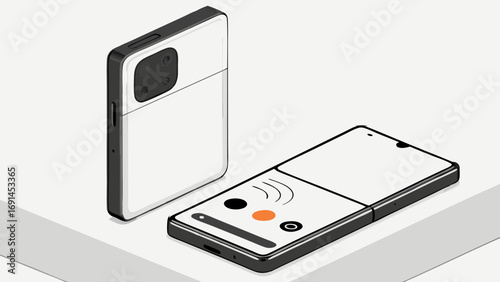 Isometric Illustration of Modern Smartphones with Multiple Cameras and Foldable Screen Feature.