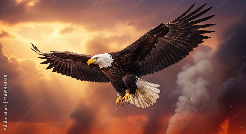 Fototapeta premium Majestic Bald Eagle Soaring Above Fiery Skies