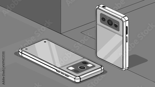 Isometric illustration of two smartphones modern mobile phone design technology background gadget mockup.