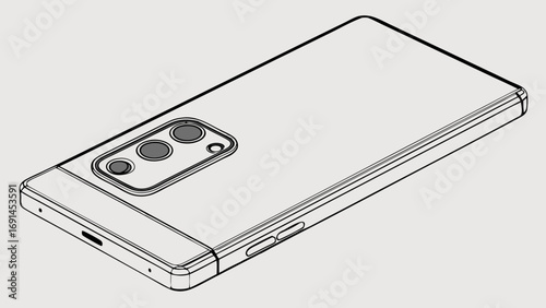 Isometric Line Drawing of a Modern Smartphone with Triple Camera System.