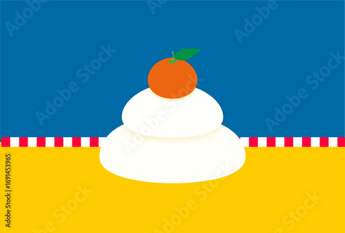 モダンでカラフルな背景に映える鏡餅のベクターイラスト｜鏡餅,橙,正月,新年,餅,みかん