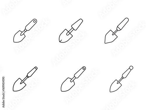 Collection of Black and White Garden Trowel Line Art Illustrations Representing Planting and Gardening Tools for Horticultural Projects