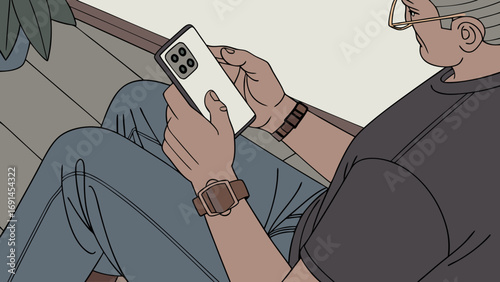 Person using smartphone mobile technology digital device online communication hand holding phone man sitting casual clothing wristwatch modern technology internet access social media c.