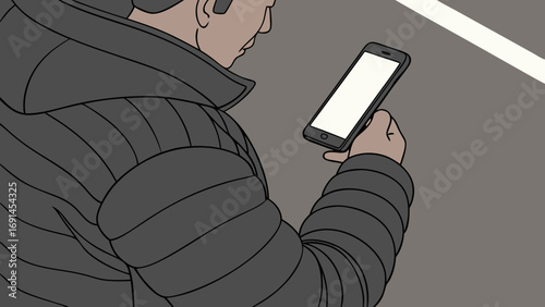 Person using smartphone winter jacket mobile phone digital device technology illustration vector art graphic design modern communication online activity app usage blank screen hand hol.