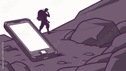 Rugged Smartphone and Hiker Illustration Technology Adventure and the Outdoors.