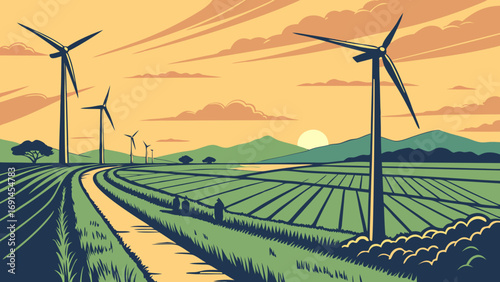 Rural landscape with wind turbines at sunset idyllic countryside scenery green fields renewable energy agriculture nature background.