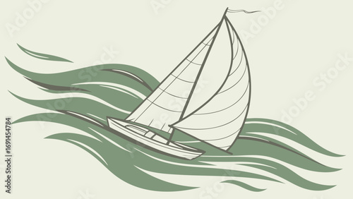 Sailing boat on wavy sea nautical vector illustration sailboat graphic marine design ocean artwork summer travel yacht water transport sea voyage boat sailing wind waves water sea o.