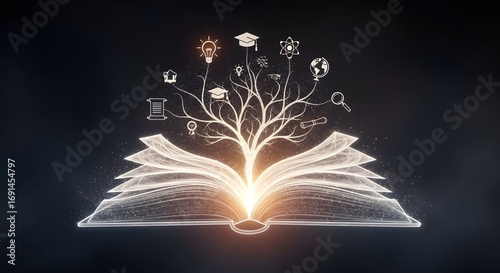 Digital Knowledge Tree from Open Book with Glowing Education & Learning Icons