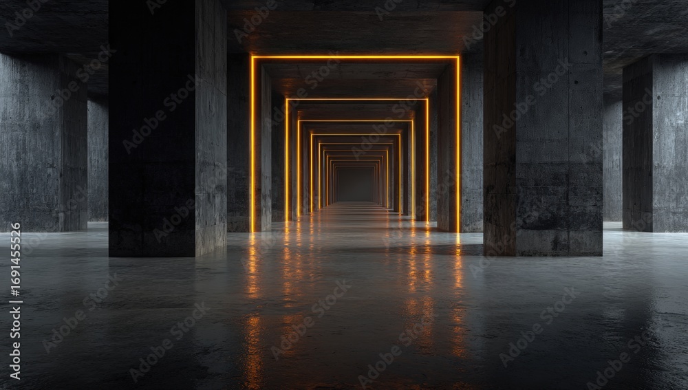 Fototapeta premium Dark concrete tunnel with glowing orange frames