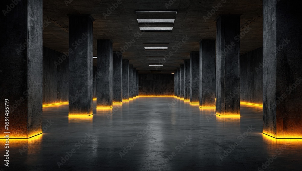 Fototapeta premium Dark concrete tunnel lit by orange neon