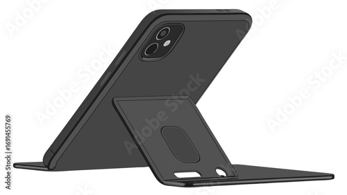 Smartphone in a foldable stand rear view isolated on white background.