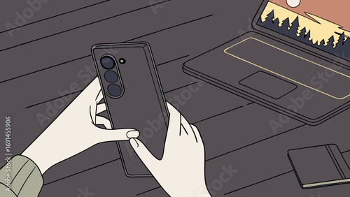 Smartphone in Hands Laptop and Notebook on Table Top View Illustration.