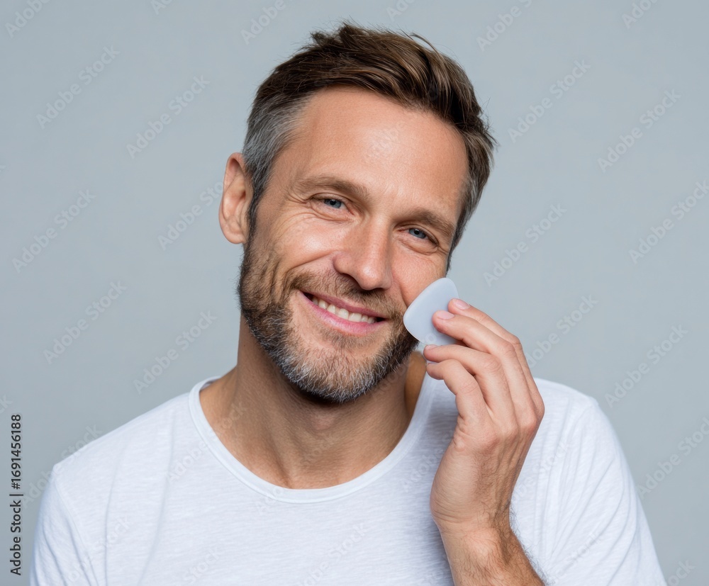 Fototapeta premium A man with a light gray beard smiles happily while applying a light gray facial cleansing pad to his cheek.