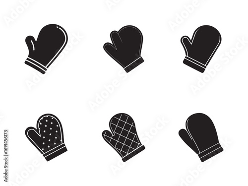 Collection of Black Winter Mittens and Oven Gloves Icons on White Background Graphic Vector Illustration