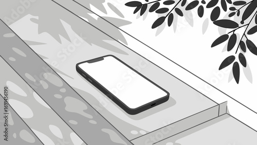 Smartphone Mockup on Steps with Leaf Shadows Blank Screen for App Presentation.