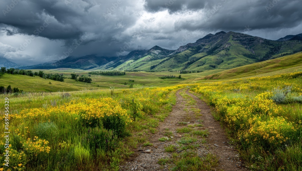 Fototapeta premium Scenic mountain valley path under dramatic sky