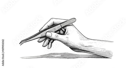 Female hand holding tweezers for eyebrow plucking – detailed hand-drawn black and white vintage sketch. Vector engraving illustration, perfect for beauty, cosmetics, and grooming themes.