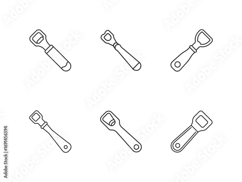 Collection of Bottle Opener Line Art Icons for Beverage and Drink Concepts and Barware Illustrations on White Background