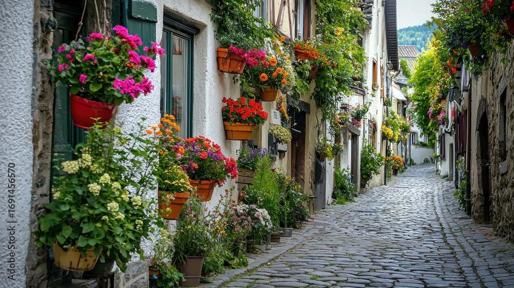 Naklejka premium A row of vibrant hanging baskets decorating a charming cobblestone street in a quaint European village