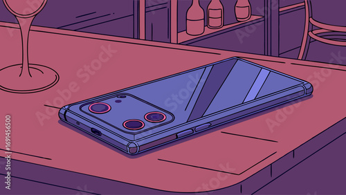 Smartphone on bar counter nightlife digital device modern technology illuminated screen purple and pink tones empty glass alcohol bottles.