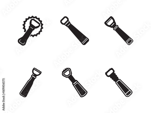 Collection of Bottle Opener Silhouettes in Black and White Providing Different Designs and Styles for Opening Beverages and Drinks