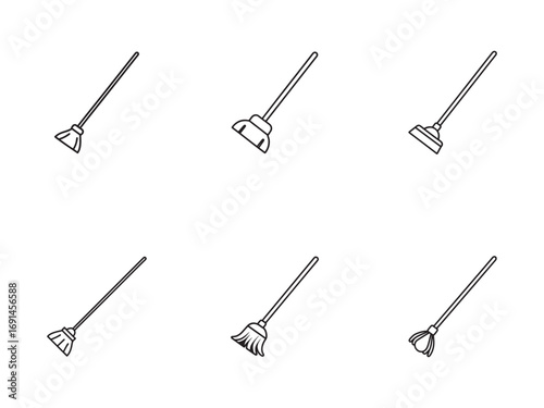Collection of Broom Icons in Minimalist Line Art Style Cleaning and Household Chores Vector Set Cleaning Equipment for Home