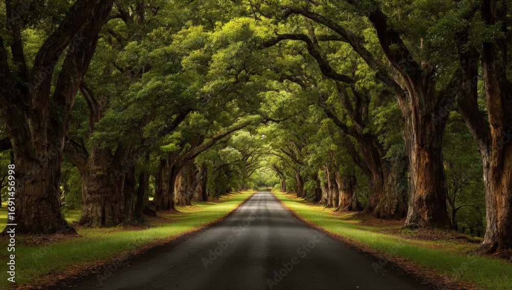 Naklejka premium Lush green trees arching over a country road