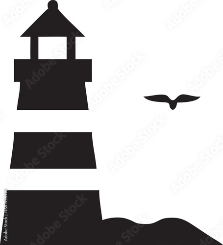 Silhouette of a lighthouse with a bird flying past under a bright sky
