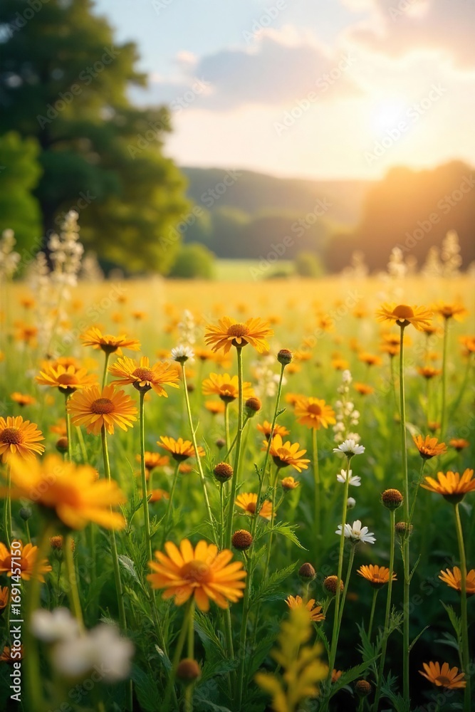 Obraz premium Golden sunlight bathes a vast field of wildflowers in full bloom, swaying gently in a warm summer breeze A picturesque scene of idyllic rural serenity , insects, summer day