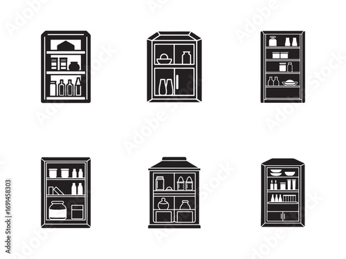 Collection of Different Styles of Pantry and Kitchen Cabinets Vector Icons Featuring a Variety of Foods and Ingredients