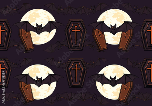 Spooky Halloween seamless pattern with bats, coffins, and a full moon, perfect for decorations and themed events