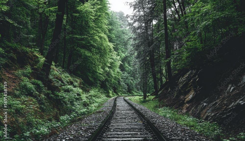 Obraz premium Lush forest path with railway track