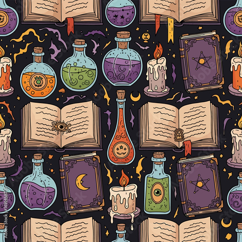 Magical Halloween Pattern Potions, Spellbooks, and Candles Against a Dark Background