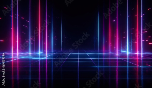 Neon grid pathway in a dark, futuristic environment