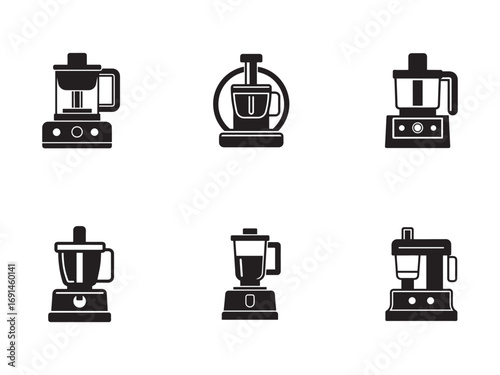 Collection of Kitchen Food Processors and Blenders Black Silhouette Set for Culinary Designs and Modern Home Appliances
