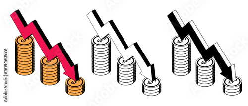 Financial Loss and Market Decline Icon, Economic Downfall with Falling Arrow and Coins, 
Money Loss Symbol – Recession and Crisis Concept