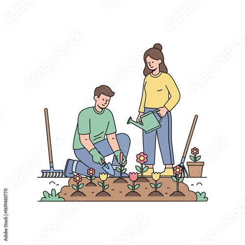 A couple tending to their garden, planting flowers and watering them with a watering can.