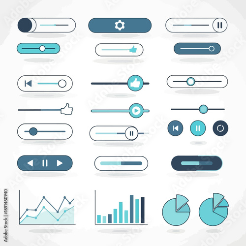 Various UI elements, including sliders, toggles, and icons, in a light teal and dark teal color scheme.
